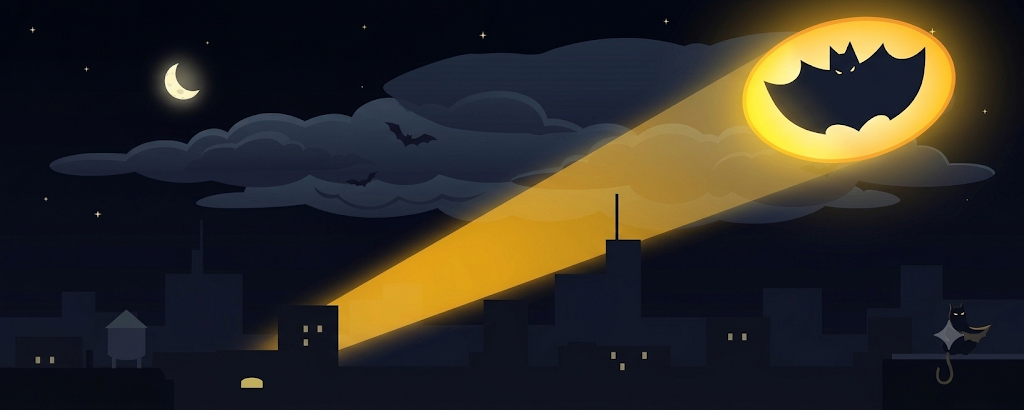The Bat-Cat Signal shining in Gotham night sky